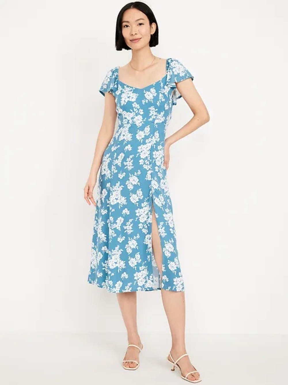 NWT Old Navy Flutter-Sleeve Crepe Midi Dress in Blue White Floral, Women's Large - Picture 10 of 10